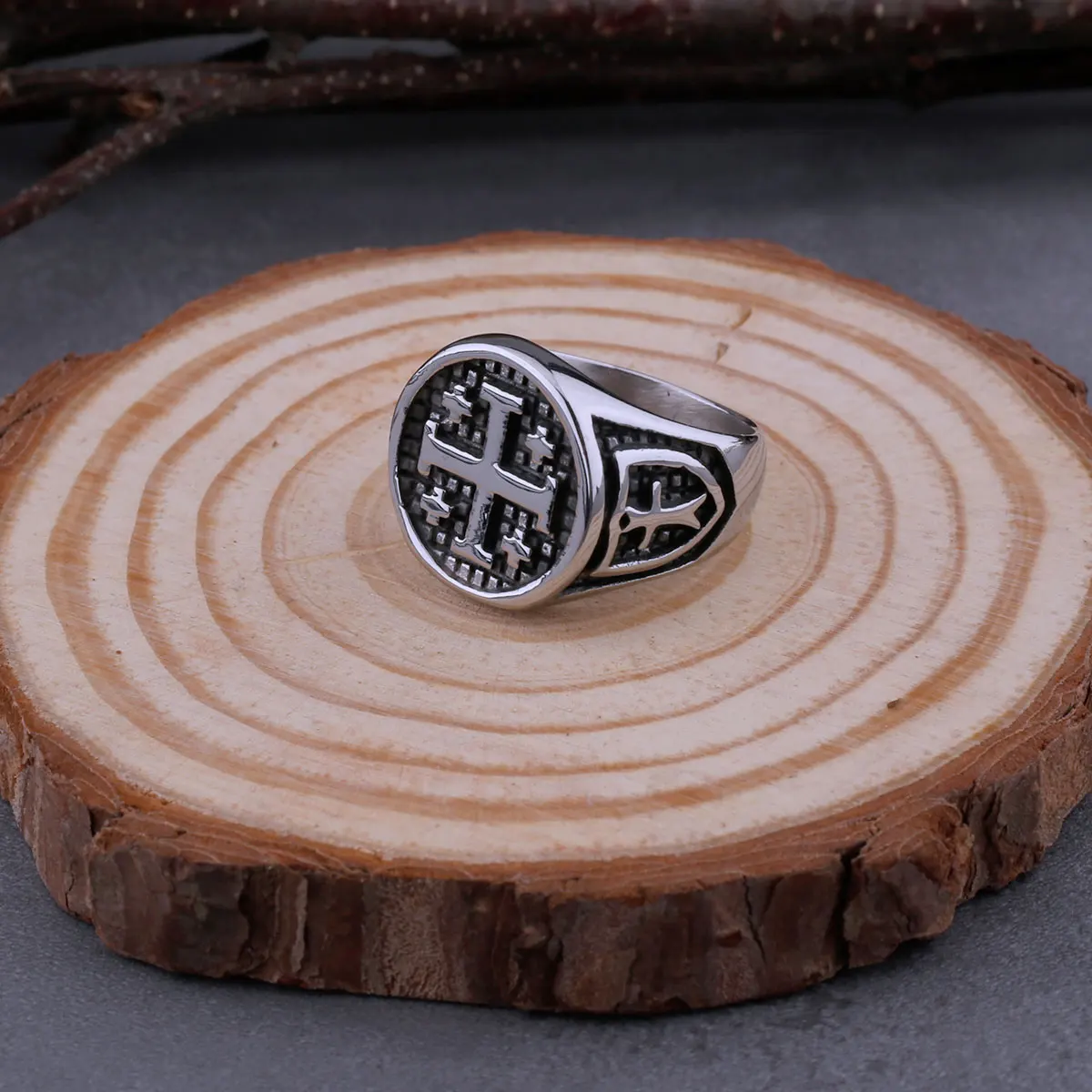 316L Stainless Steel Vintage Religious Jerusalem Cross Rings Men\'s Fashion Hip Hop Biker Rings Religious Jewelry Wooden Box