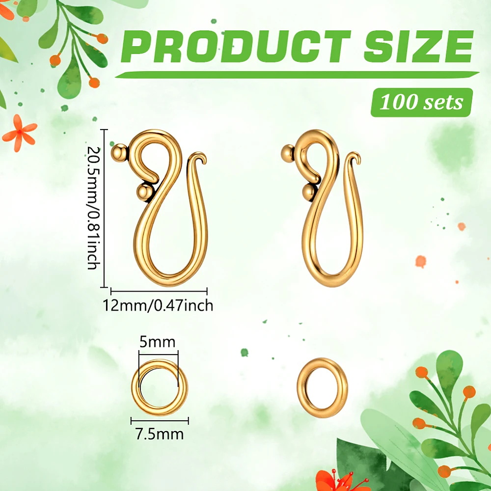 100 Sets S Hook Clasp S Hook Ring Golden Toggle Clasps Closure Metal Alloy Jewelry Clasps Connector for Necklace Bracelet DIY