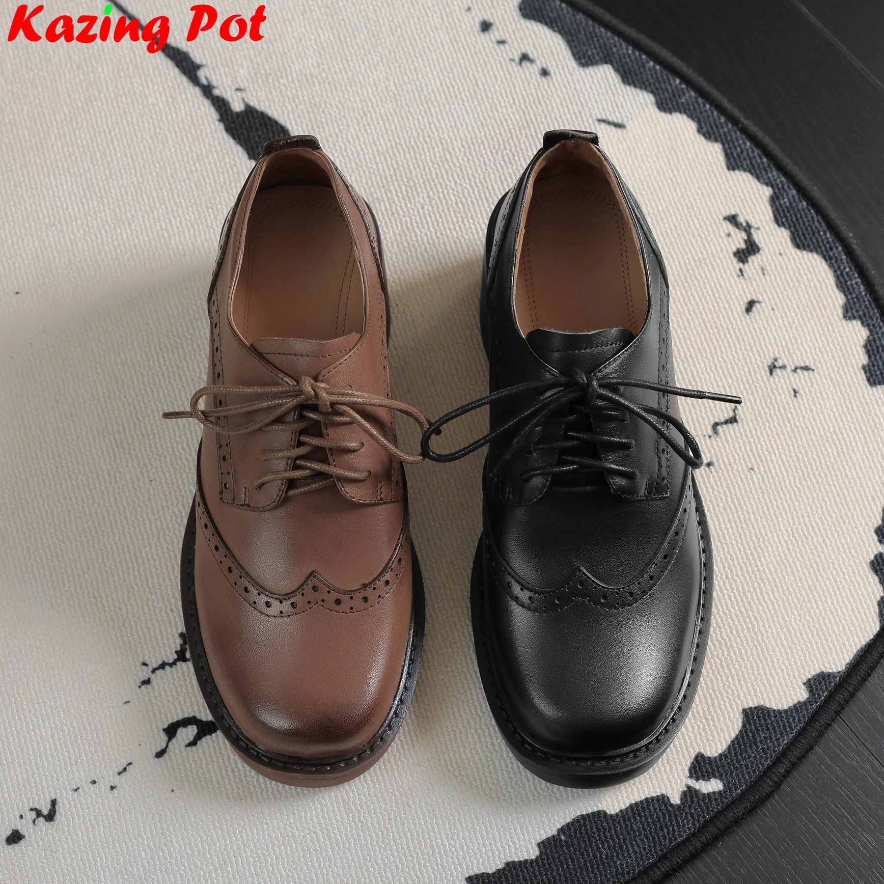 

Krazing Pot Big Size Cow Leather Suede Round Toe Chunky Med Heels Retro Lace Up Spring Shoes Chic Casual Office Lady Women Pumps