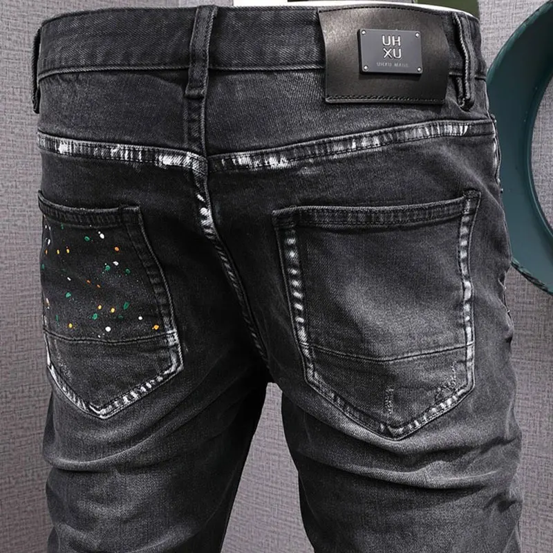 High Street Fashion Men Jeans Retro Black Gray Stretch Slim Fit Ripped Jeans Men Painted Designer Hip Hop Denim Pants Hombre