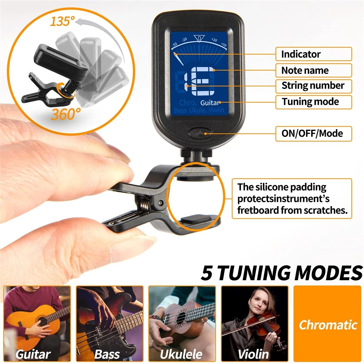 Miwayer Tuner gitarowy 360 stopni obracany klips na Tuner wyświetlacz LCD do tunera akcesorium do gitara basowa skrzypiec basowy Ukulele