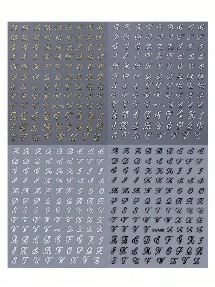 4 Sheets English Letter Nail Stickers, Gold Silver Black White Alphabet Decals, DIY Nail Art Decorations