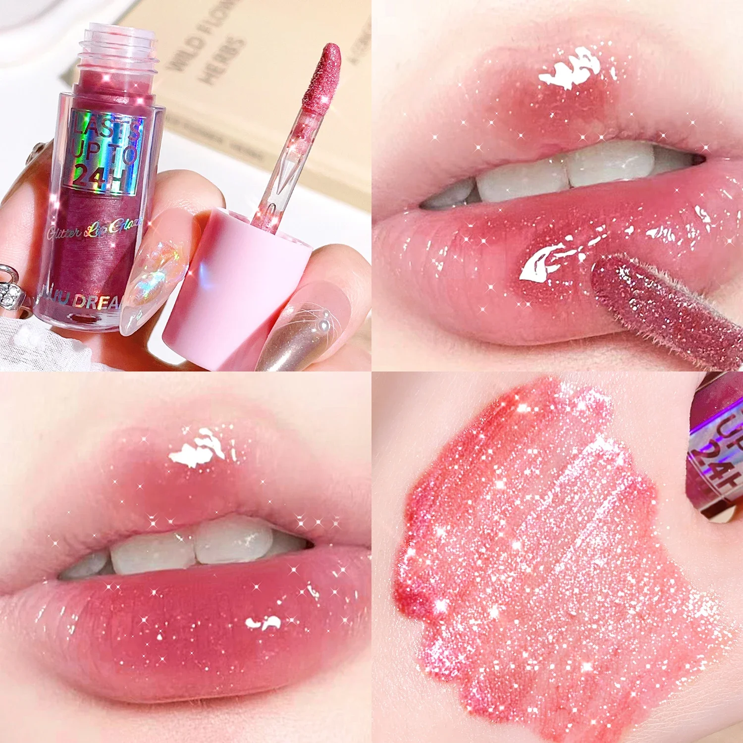 Glitter Lip Glaze Long Lasting Waterproof Liquid Lipstick Dewy Finish Lip Oil Tint Moisturizing Lip Balm Highly Pigmented