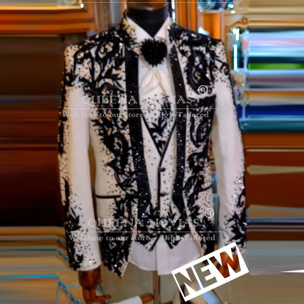 Exquisite Crystals Beaded Suits Men Customized Embroidered Single Breasted Prom Blazers Formal Party Groom Wear Wedding Tuxedos