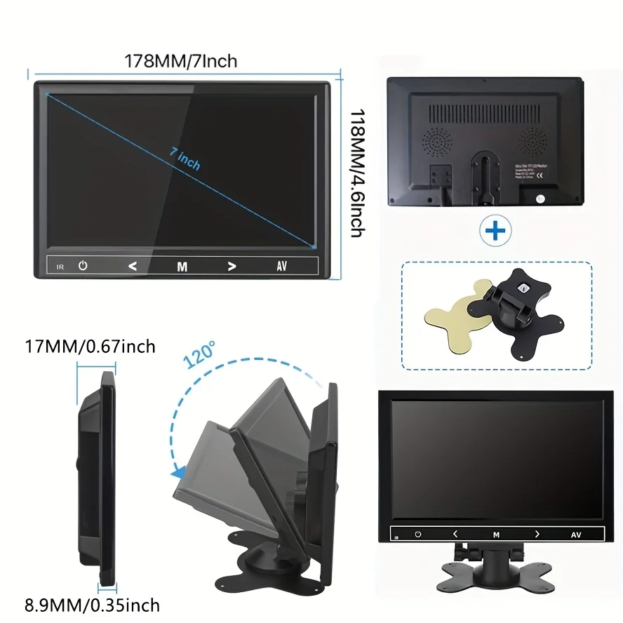 7-Inch Car Mounted Display with 8-Camera Kit - Universal, Full Color Night Vision, 12-24V Power, Rear View Mirror Compatible