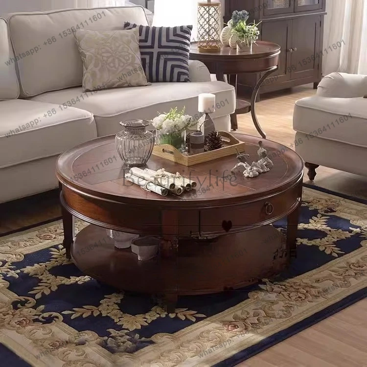 

American rural solid wood round coffee table French retro old furniture customization