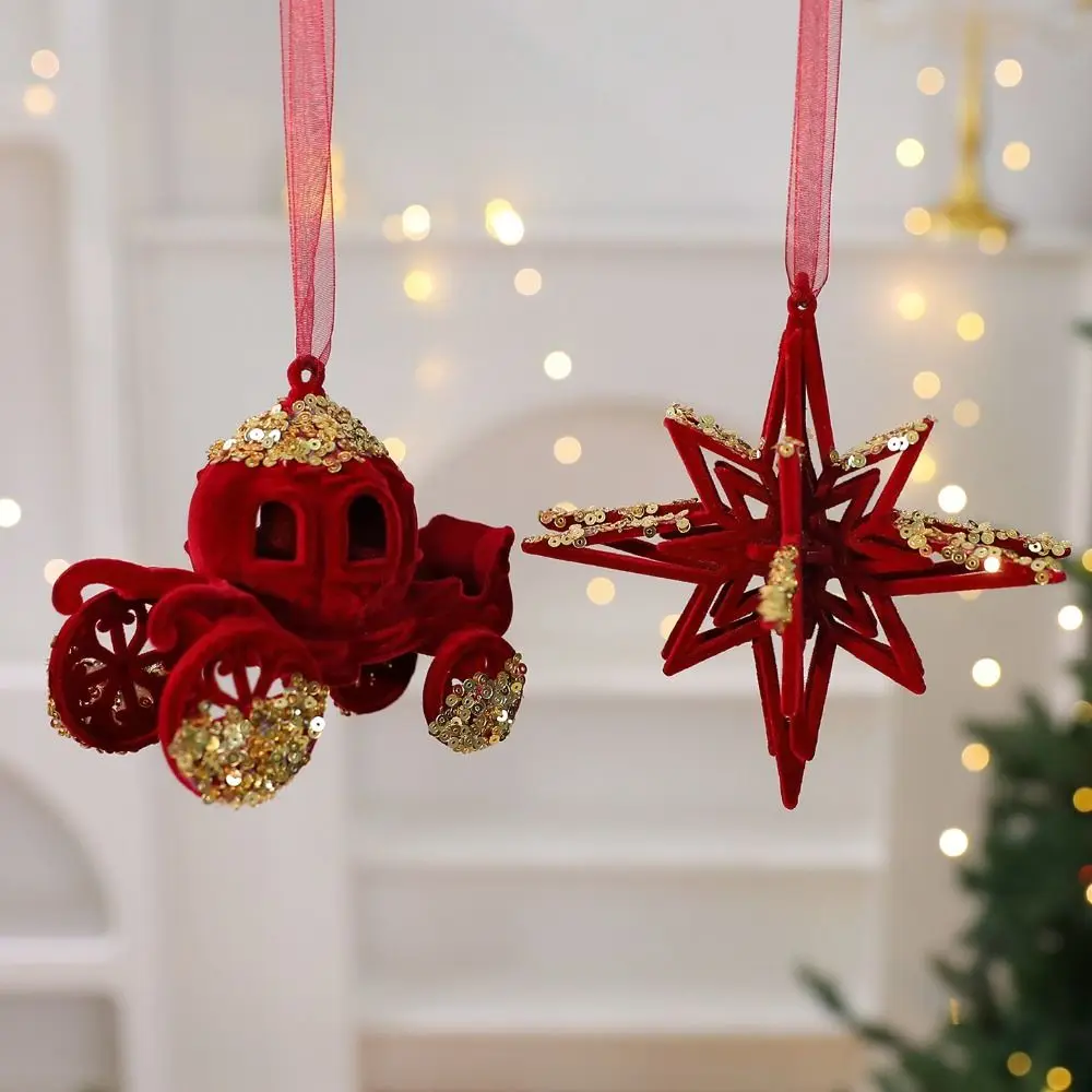 

New Red Xmas Tree Ornament Flocked Flower Wreath Christmas Tree Pendant Bowknot Hanging Xmas Tree Charm Merry Christmas