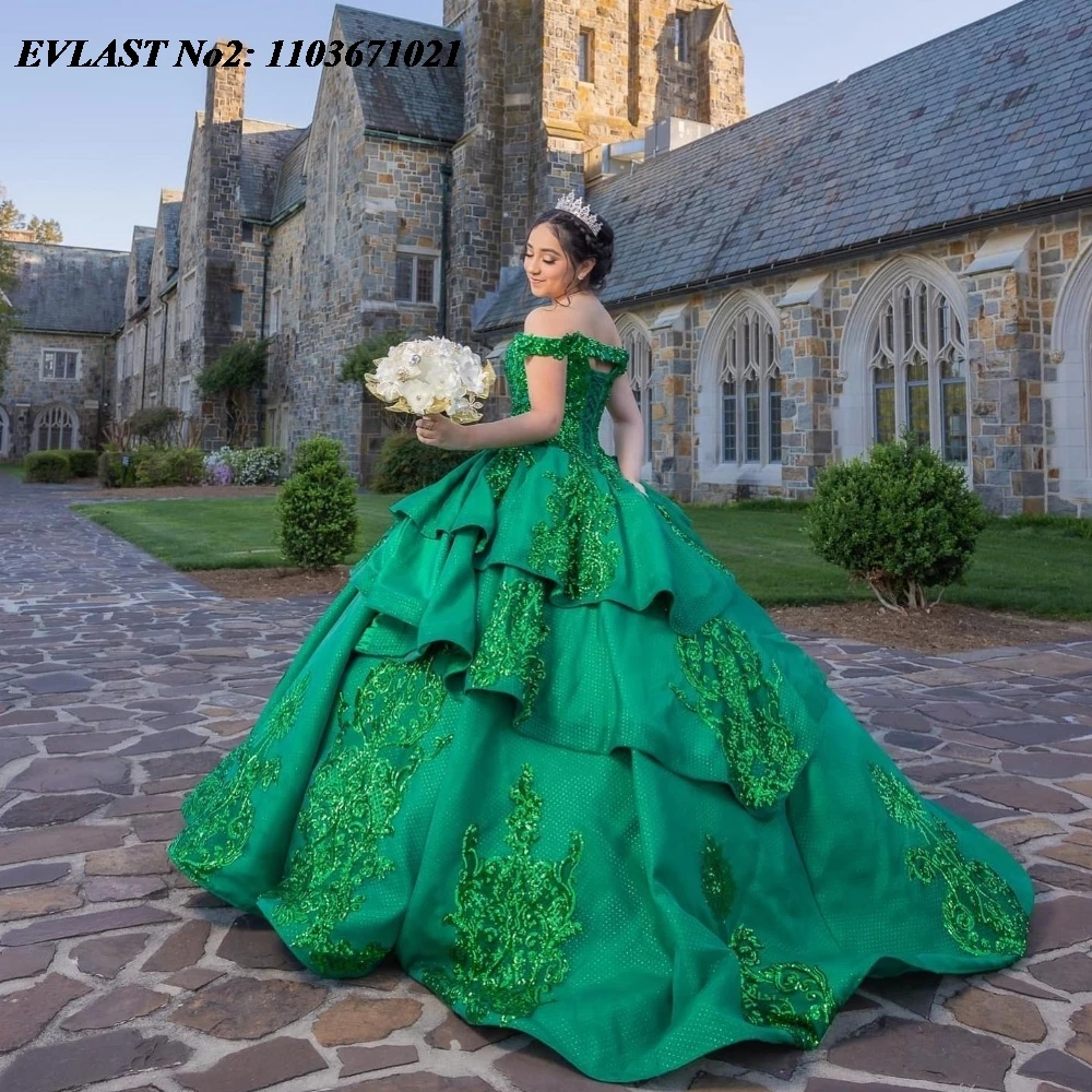 EVLAST ที่กําหนดเอง Dark สีเขียว Quinceanera Ball Gown ลูกไม้ Applique Sequins Beaded Corset หวาน 16 Vestidos De 15 Anos E2Q04