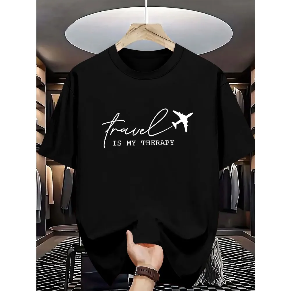 Travel Is My Therapy Airplane Graphic Mens T Shirt Wanderlust Traveler Short Sleeve Crew Neck Cotton Tee Casual Wear Top