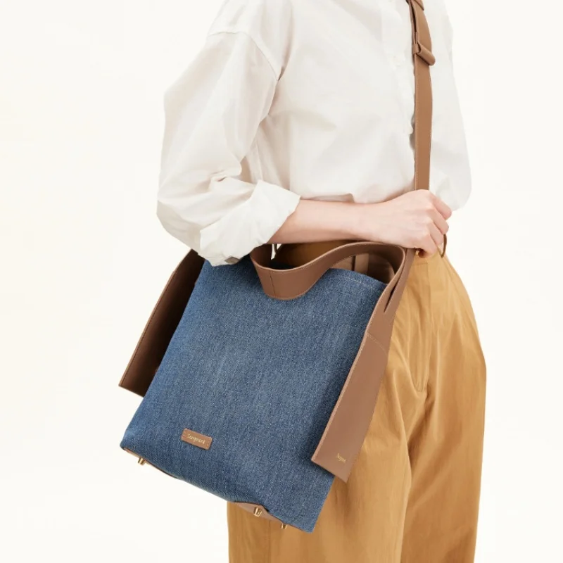 France Female Hanging Ear Tote Bag Denim Patchwork Commuting Shoulder Bag Single Shoulder Underarm Bag for Women