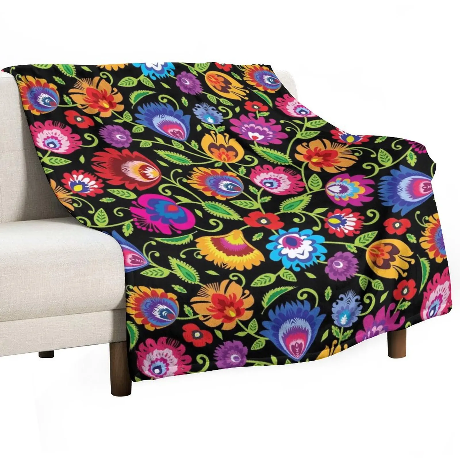 Vibrant Folklore flowers on black Throw Blanket Large Designers Blankets