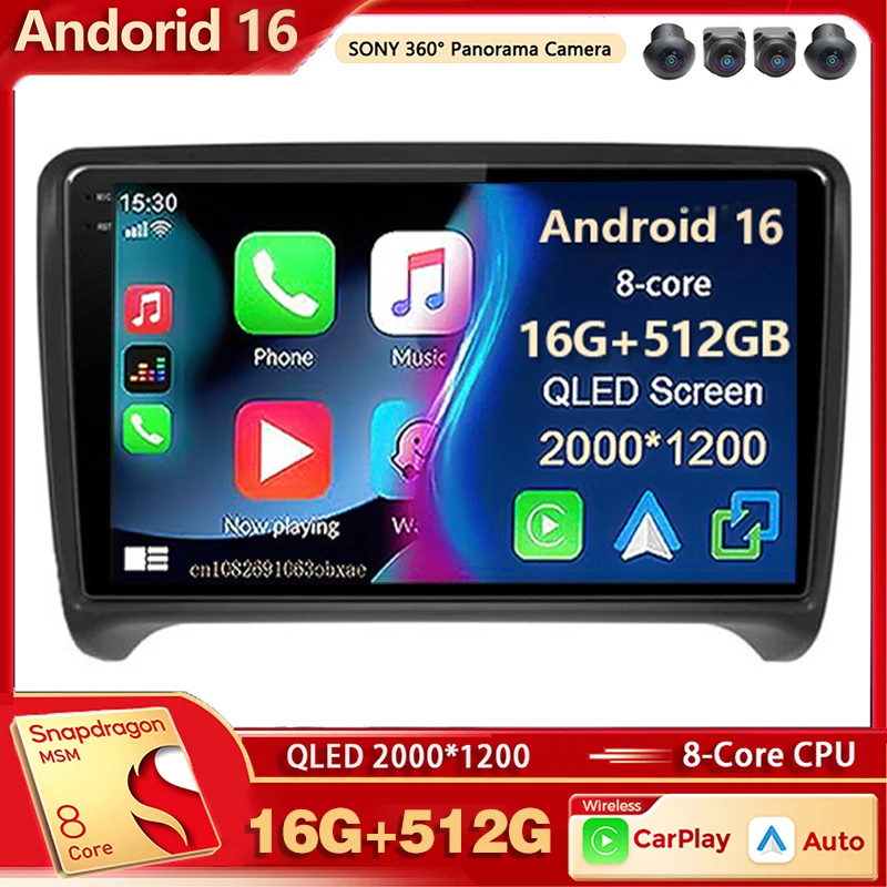 Radio Multimedia para Auto con Android 16 y Qualcomm para Audi TT MK2 8J 2006 2007 2008 2009 2010 2011 2012, Reproductor de Auto con Carplay, Estéreo para Auto con Bluetooth