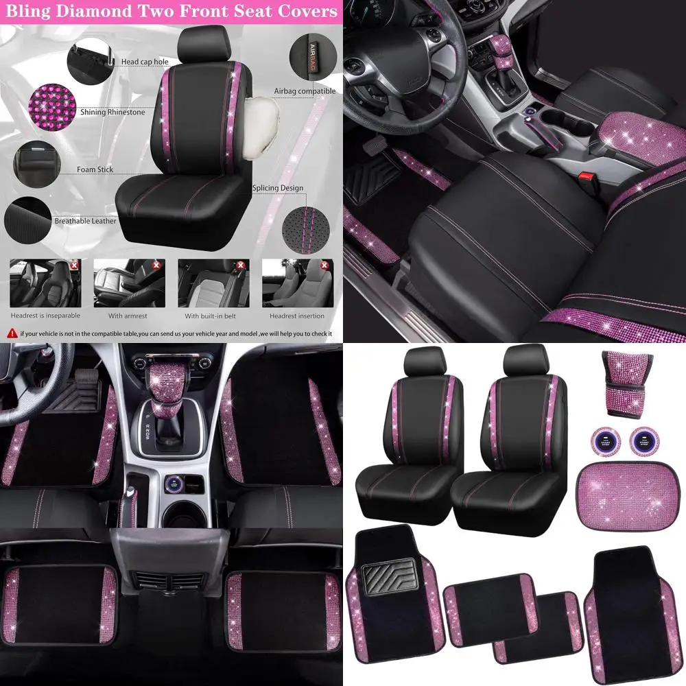 

Pink Glitter Crystal Diamond Car Seat Covers Set, Leather Shining Car Floor Mats with Anti-Slip Nibs, Bling Car Accessories