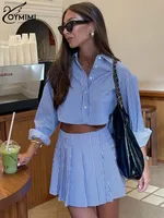 Oymimi-Conjunto elegante con estampado de rayas azules para mujer, Tops cortos con botones de manga larga a la moda y faldas plisadas de cintura alta, 2 piezas