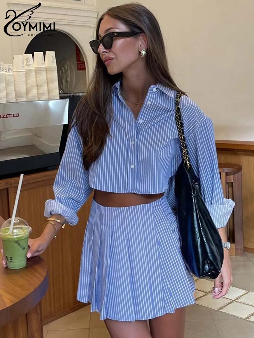 Oymimi Eleganckie zestawy z nadrukiem w niebieskie paski dla kobiet 2-częściowy modny top z długim rękawem i plisowaną spódnicą z wysokim stanem