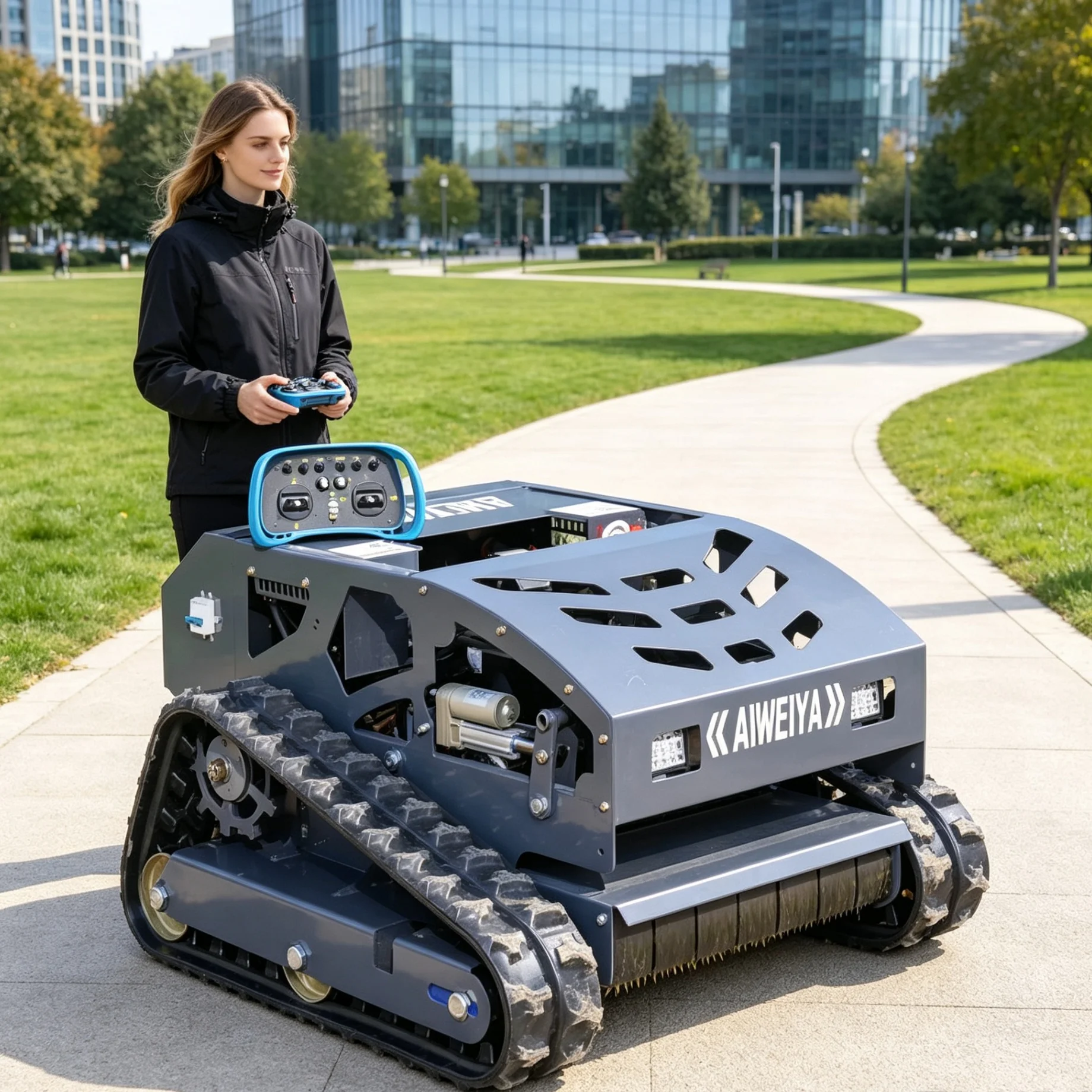 Customized 550H zero‑turn intelligent lawn mower with adjustable cutting height, detachable snow shovel supports all‑year‑round