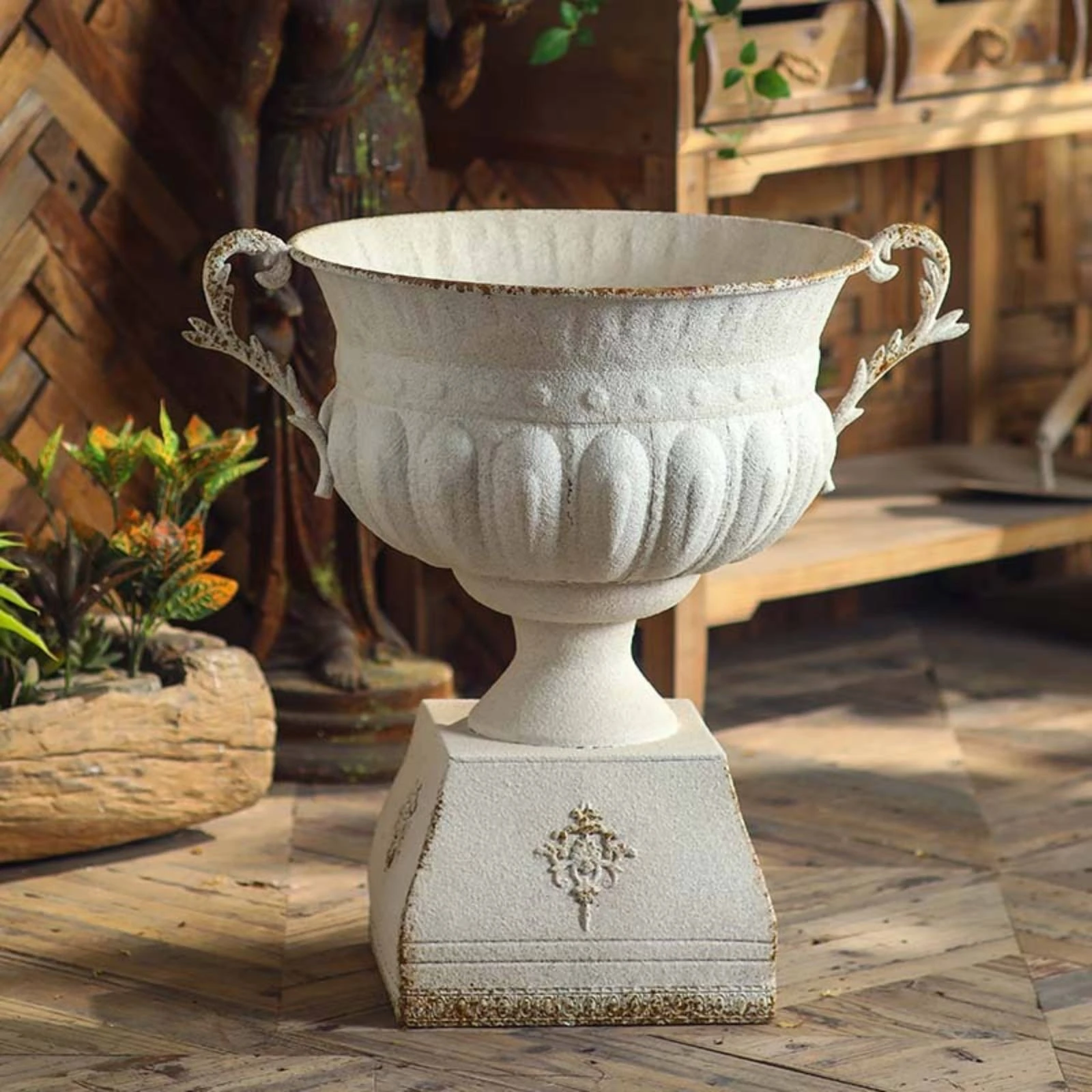 Pedestal Urn with Handles Distressed Urn Planter with Pedestal Base Flower Pot with Handles Embossed Container Ornate