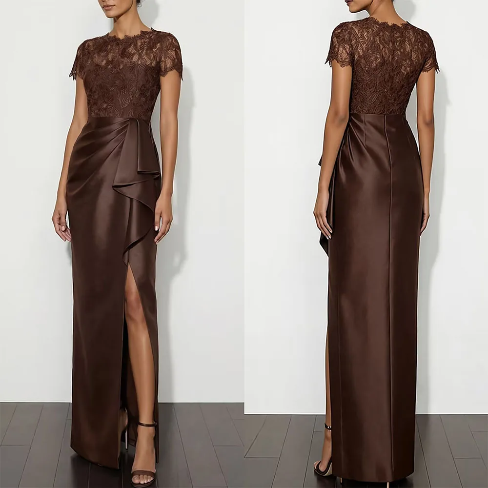 

High Quality Customized O-neck High Fork Short Sleeves Brwon Floor Length Vestidos Longos De Luxo Casamento Convidada فساتين