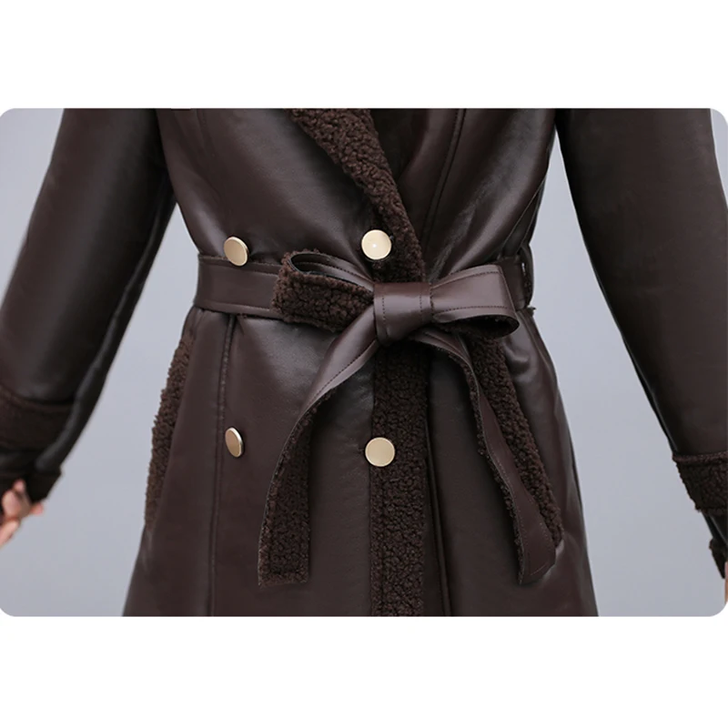 Autumn Winter Leather Windbreaker Jacket Women Double-Breasted Tops Loose Casual Thick Warm Fur One Leather Coat  Female Outwear