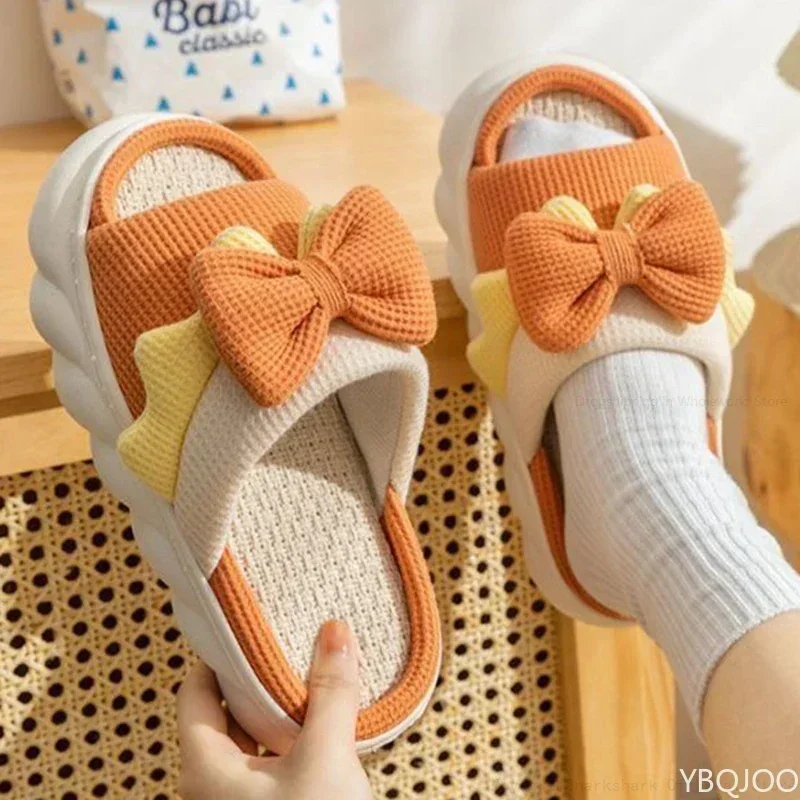 

Linen Slippers Women Indoor Slippers Comzy Anti-Slip House Cotton Shoes Cute Bowknot Flat Slipper Couples Slides Spring Summer