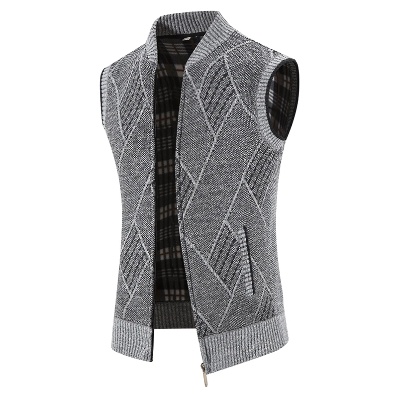 Men's Fashion Diagonal Striped Thick Waistcoat with Velvet Cardigan Zipper Vest Popular Sleeveless Coat