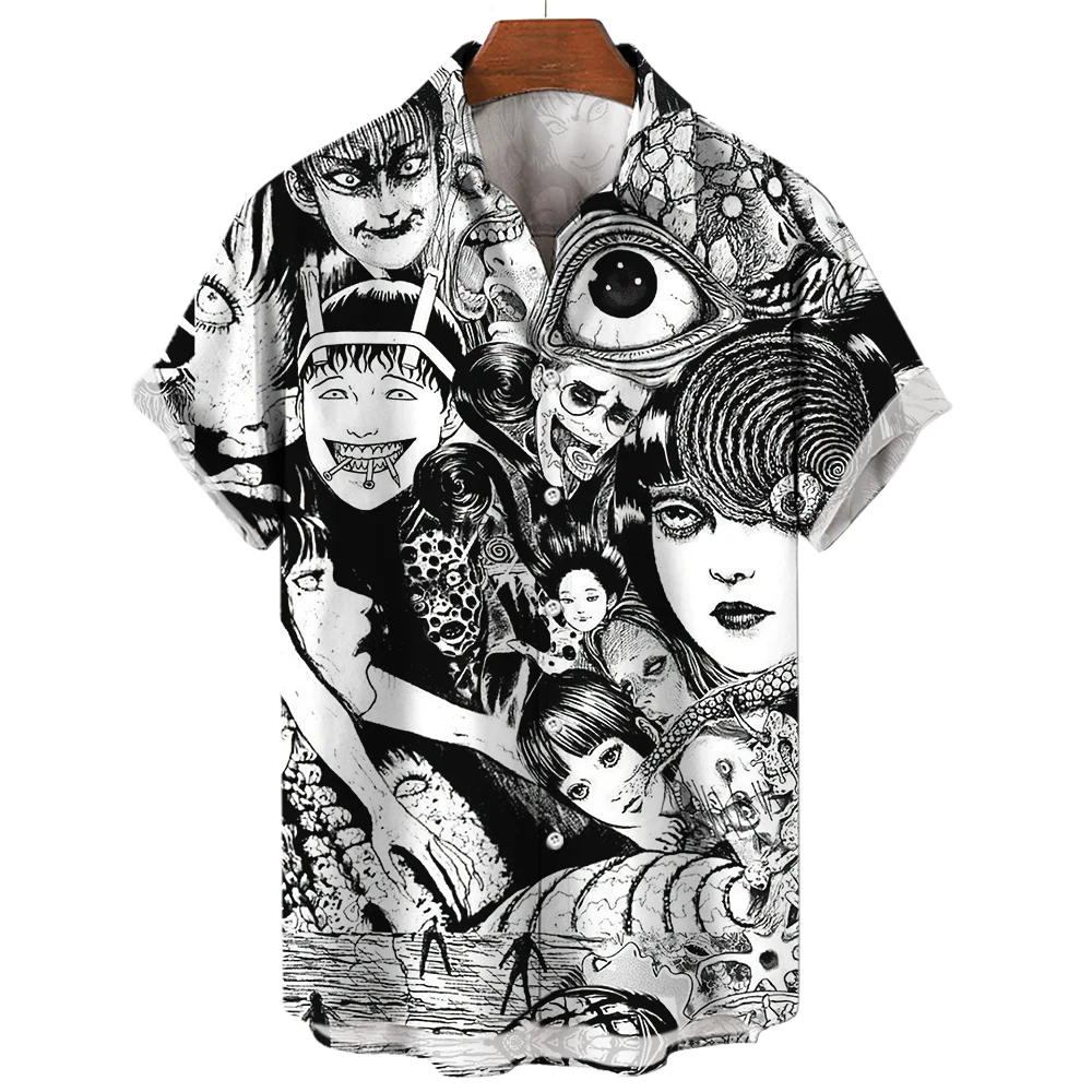 Summer Men\'s 3D Printed Horror Pattern Shirt Hawaiian Fashion Designer Tops Streetwear Clothes Gothic Short Sleeve Button