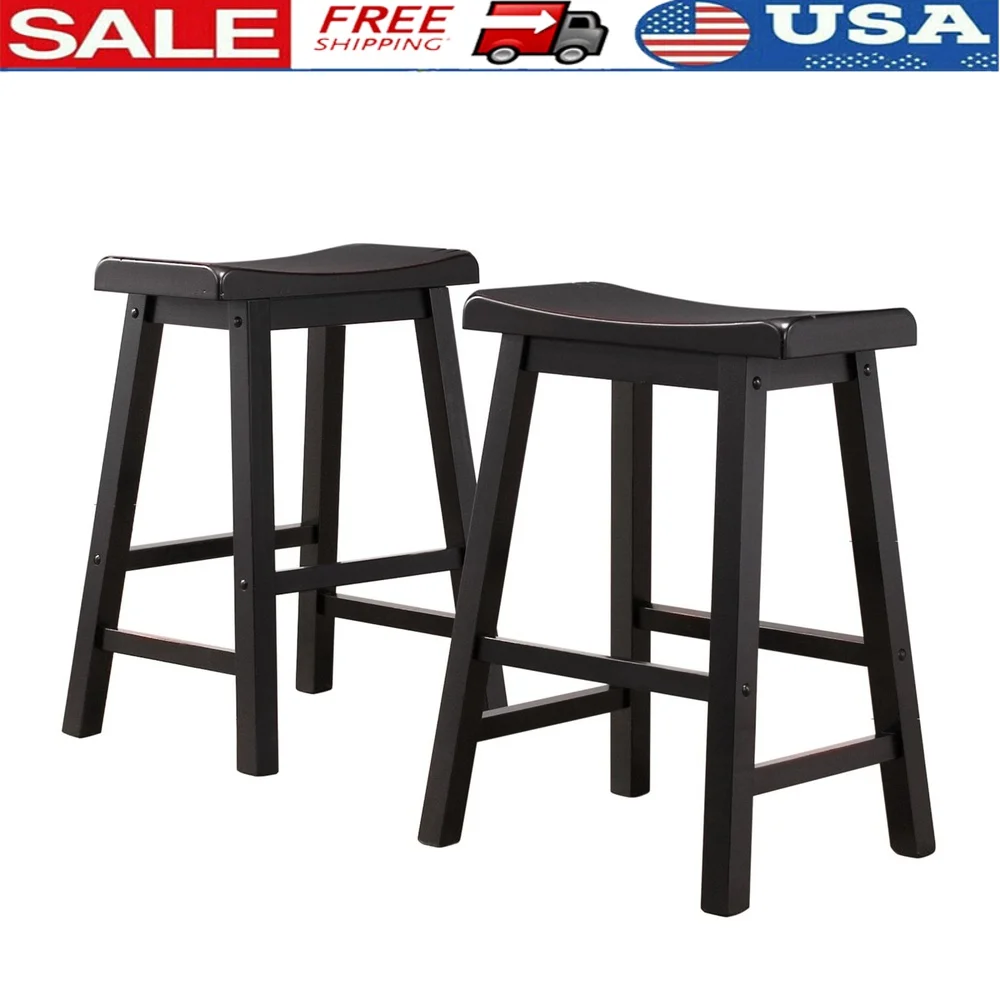 

2 Piece Black Counter Stools Rubberwood Saddle Seat Bar Chairs Comfortable Footrest Dining Room Kitchen