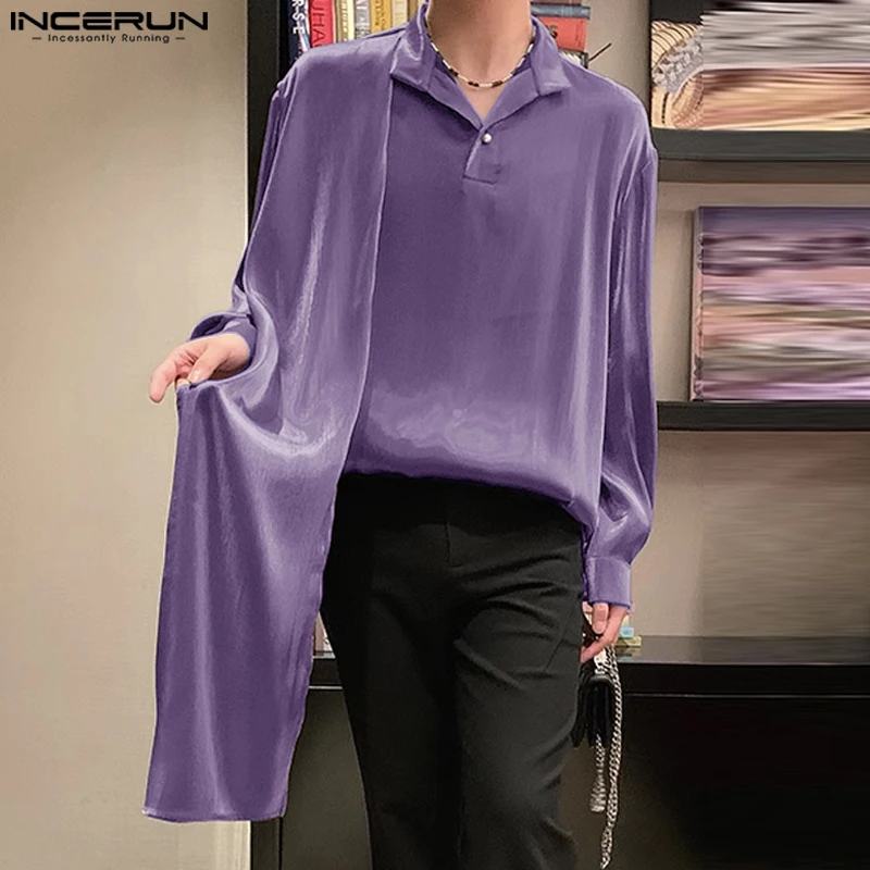 Fashion Well Fitting Tops INCERUN Men\'s Glossy Shoulder Design Shirts Party Shows Male All-match Long Sleeved Blouse S-5XL 2024