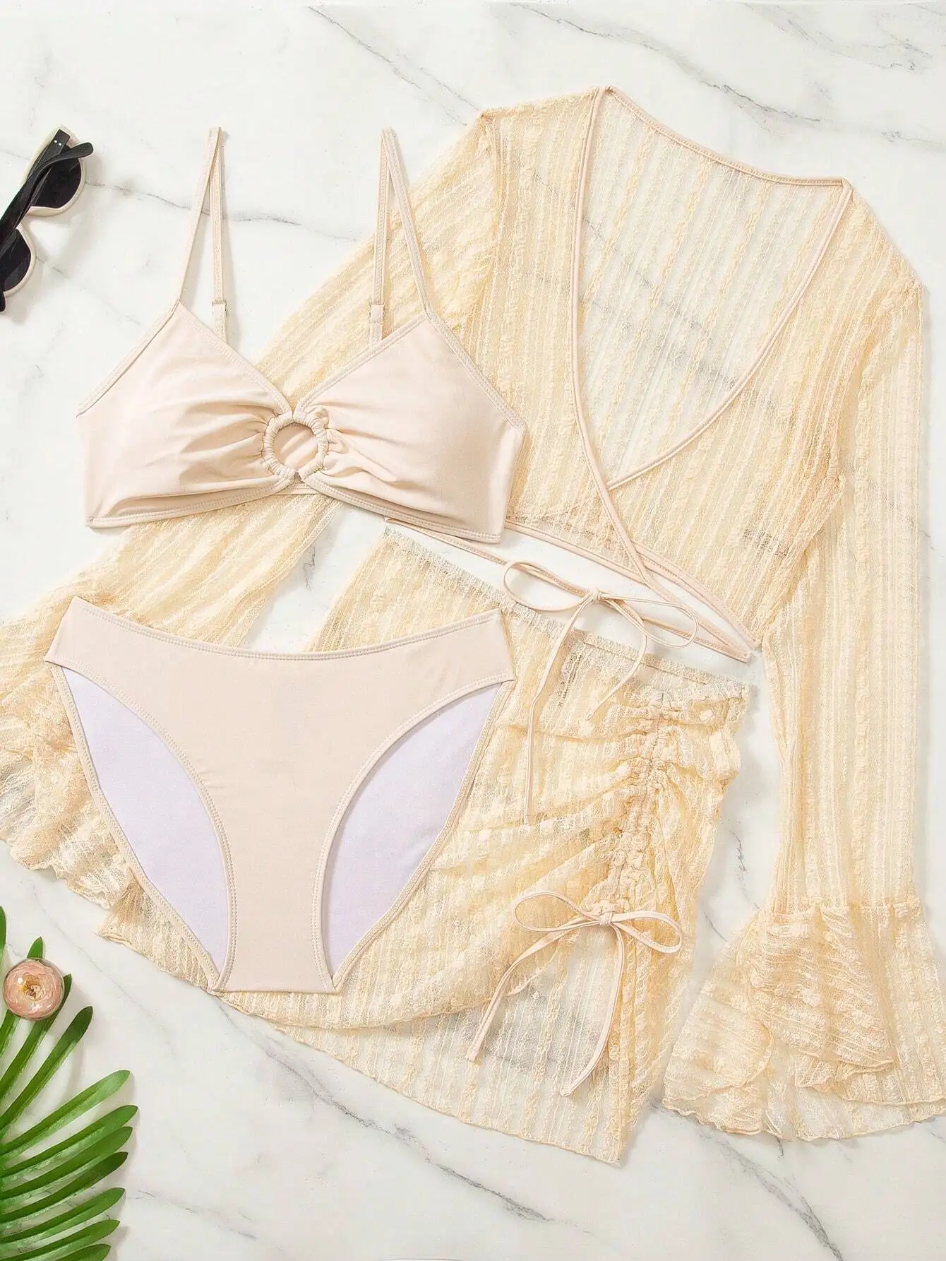 

Womens 4-Piece Beachwear Set: Solid Bikini With Ring Knot Top, High-Waist Bottom, Sheer Long Sleeve Cover-Up And Ruffled Skirt