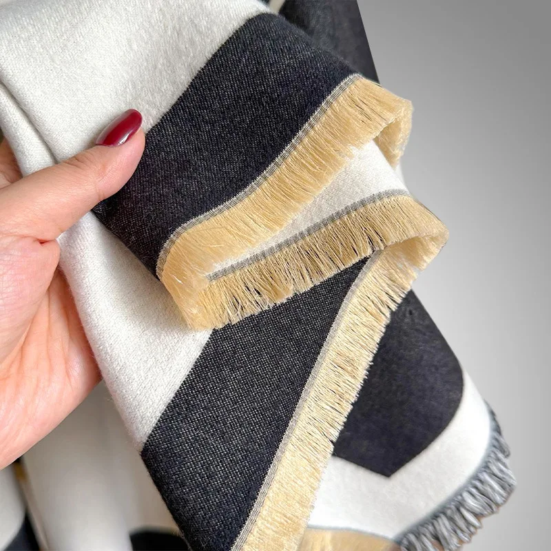 2025 nouvelle Cape rayure fendu vêtements d'extérieur femmes Cape chaude fausse écharpe en cachemire automne/hiver courte frange châle Poncho P2