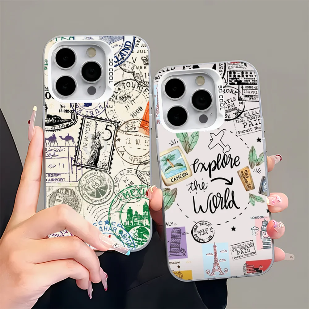 

World Travel Pattern Phone Case For iPhone 16,15,14,13,12,11,Pro,Max,Plus,Mini,XS,SE Anti Fall Gray Silver Matte Hard Bumper