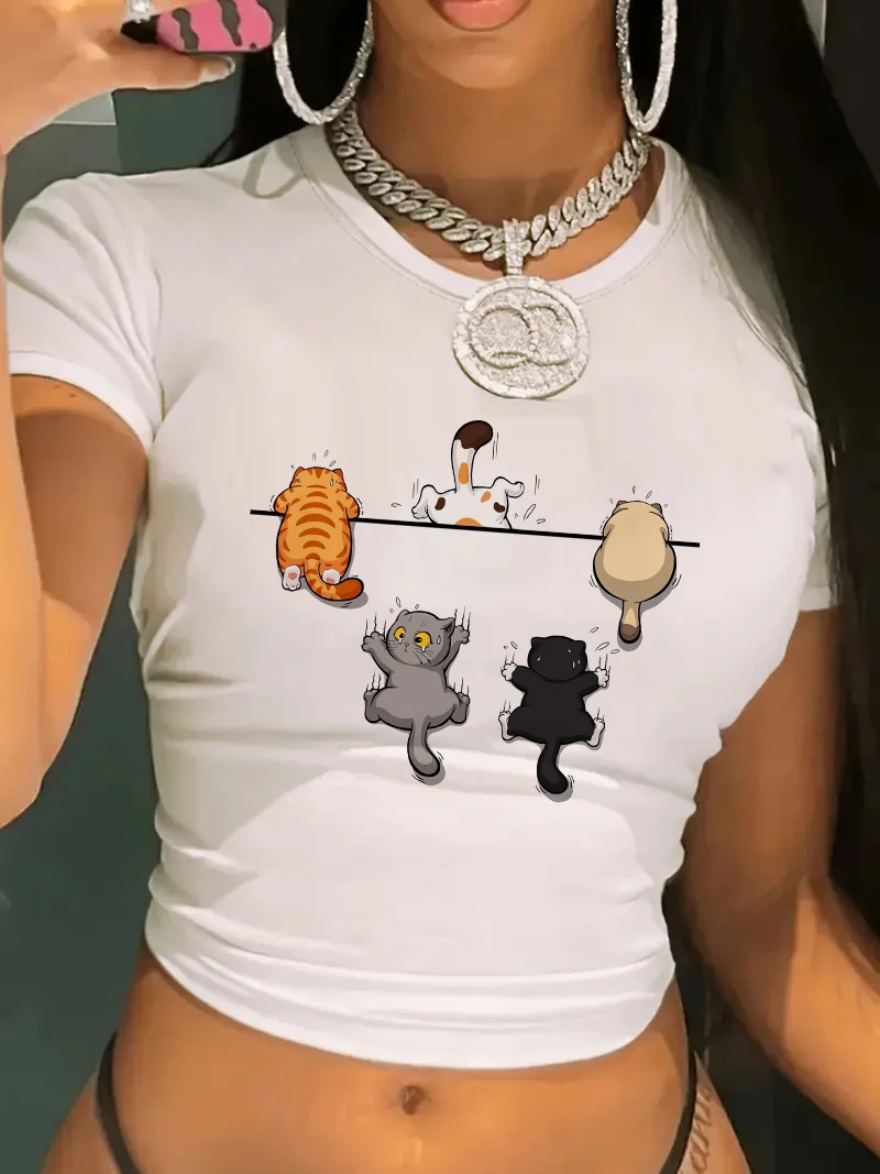 90er Chic Crop-Top mit Lustigem Katzen-Print, Rundhalsausschnitt, Y2K Kurzarm-Shirt, Figurbetontes Crop-Top für Frühling und Sommer, Damenmode