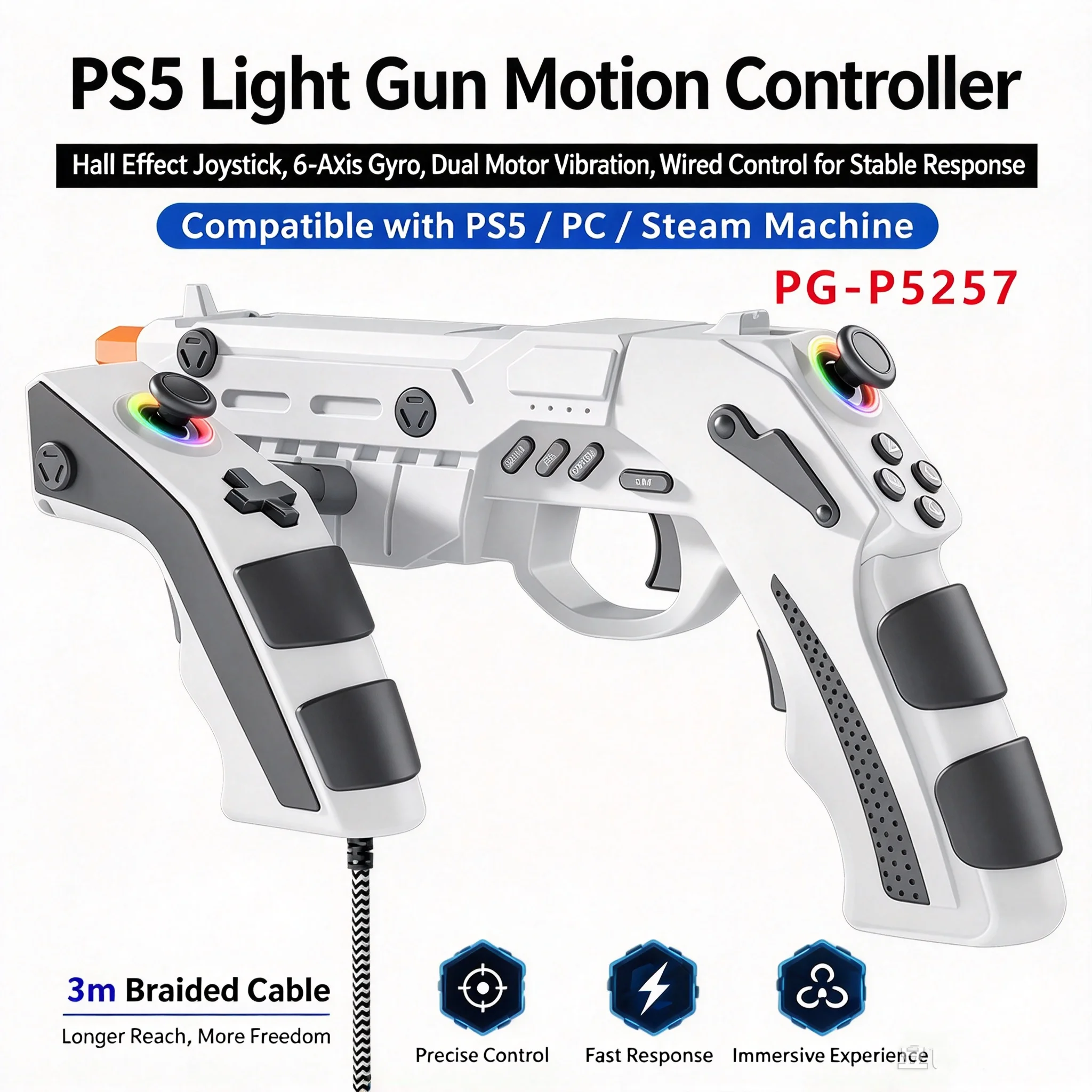 Wired Light Gun Motion Controller for PS5, PC Steam, Shooting Game Controller with 6-Axis Gyro & Dual Motor Vibration for PS5