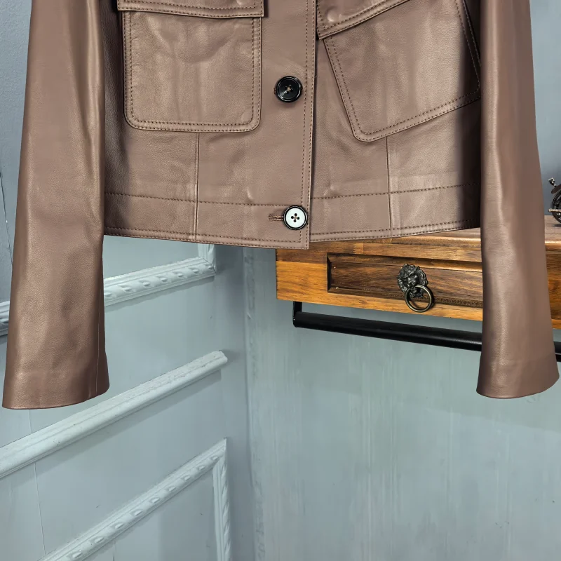 2026年春 レディース 本革シープスキンジャケット カジュアルコート シングルボタンデザイン ターンダウンカラー アシンメトリー ユーススタイル