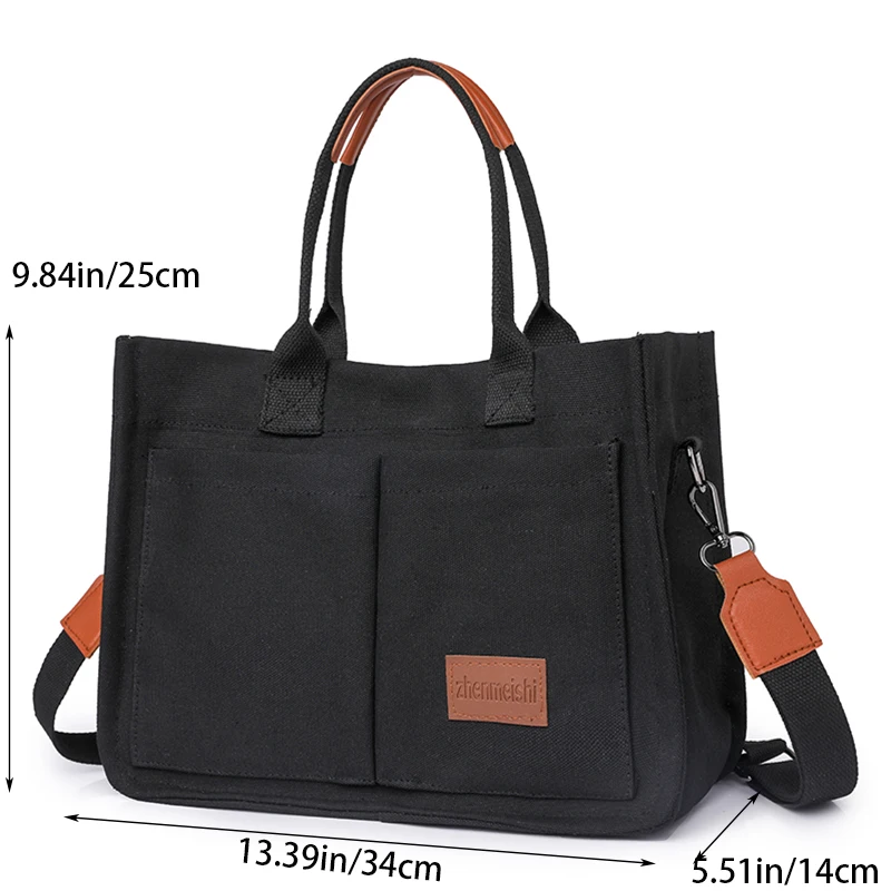 Canvas Handbag For Women Large Capacity Tote Bag Multiple Outer Pocket Women\'s Shoulder Bag Shopping