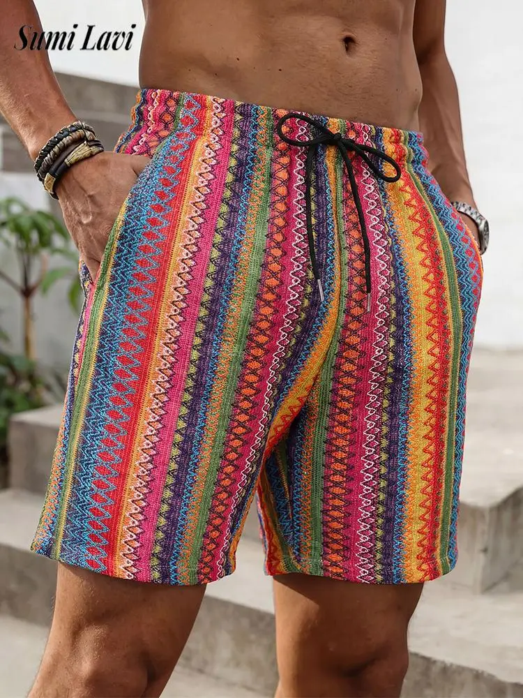 

Летние повседневные мужские вязаные шорты в винтажном стиле, разноцветные полосатые текстурированные шорты, стильные свободные прямые трикотажные шорты на шнурке для мужчин