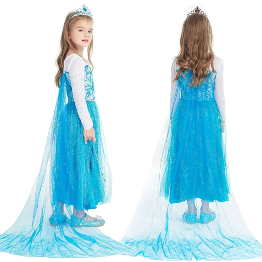 3-10Years Queen Elsa Cosplay Kids Dress Costume Cartoon Princess Snow Disguise Headgear Magic Wand Cloak Set Halloween Suits