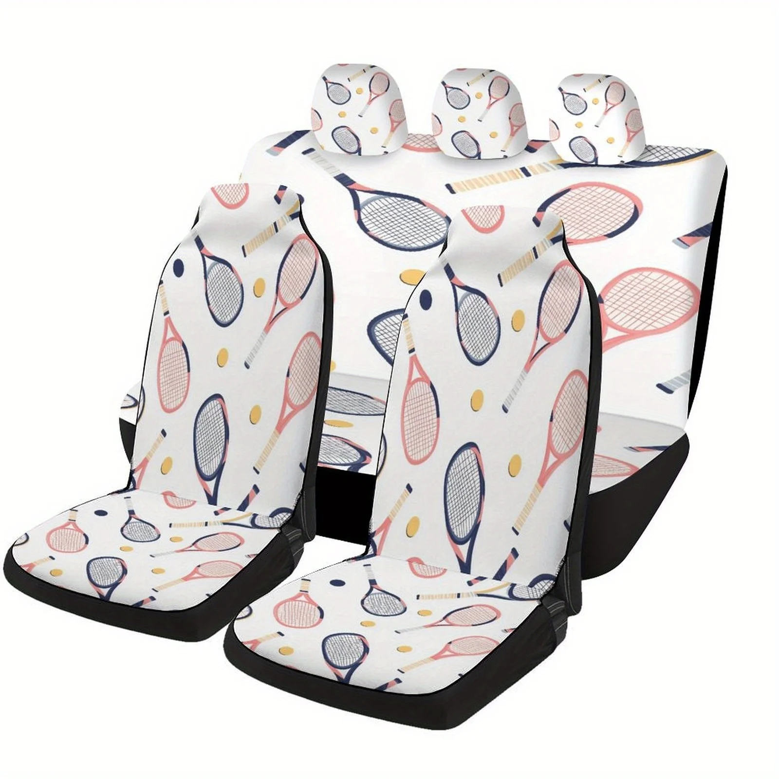 Tennis Rackets And Balls Pattern Themed Car Seat Cover Set For Most Cars, Fashion Personalized Novelty Car Seat Protector Covers