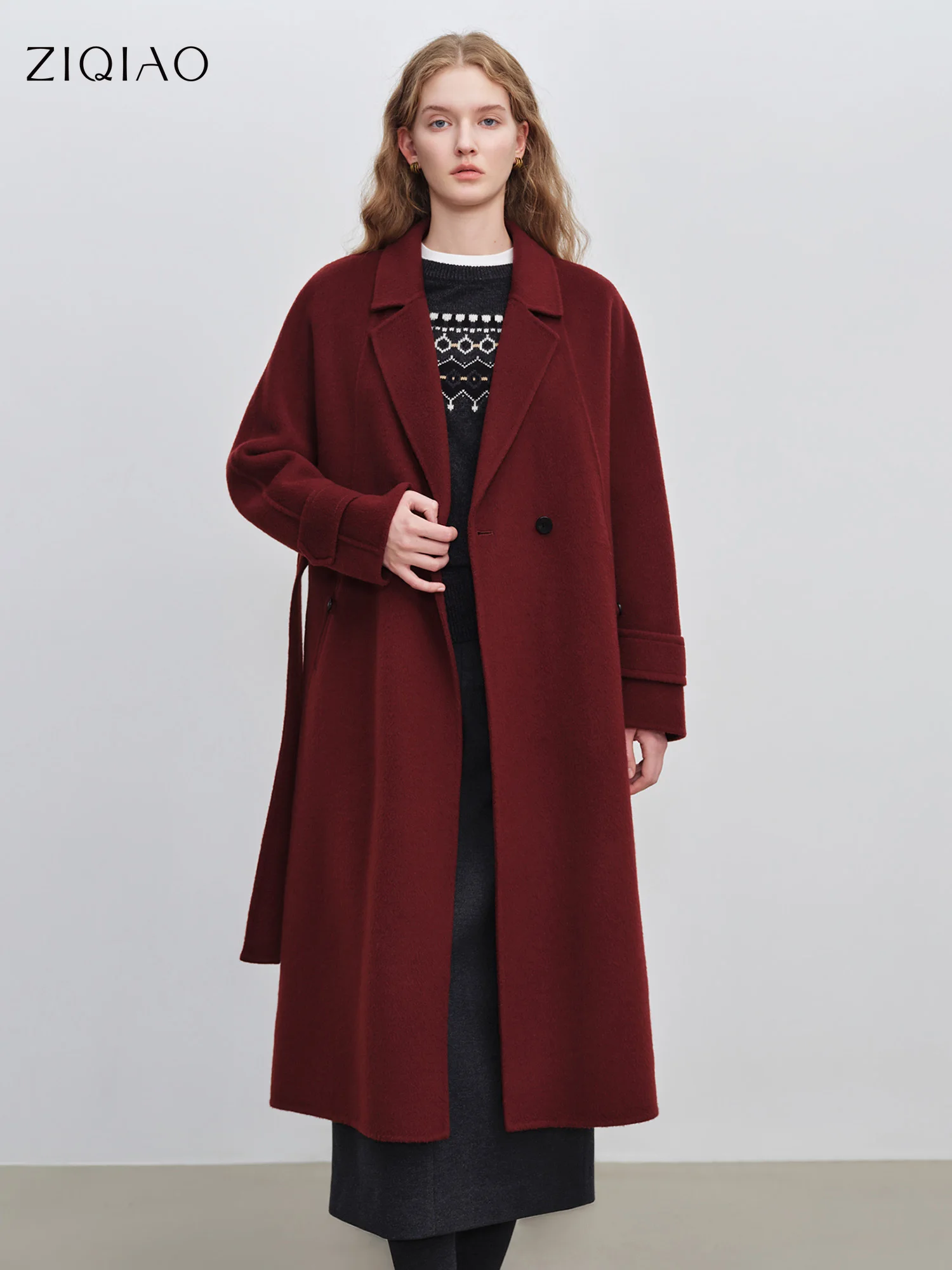 

ZIQIAO красное шерстяное пальто с лацканами на Новый год, зима 20225, новый стиль, шерстяное пальто, элегантное женское простое пальто для поездок на работу