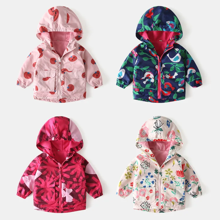 

Girls Jacket Cartoon Printed Plus Velvet Windbreaker Children Jacket Autumn Winter Windbreaker Kids Clothes Girls