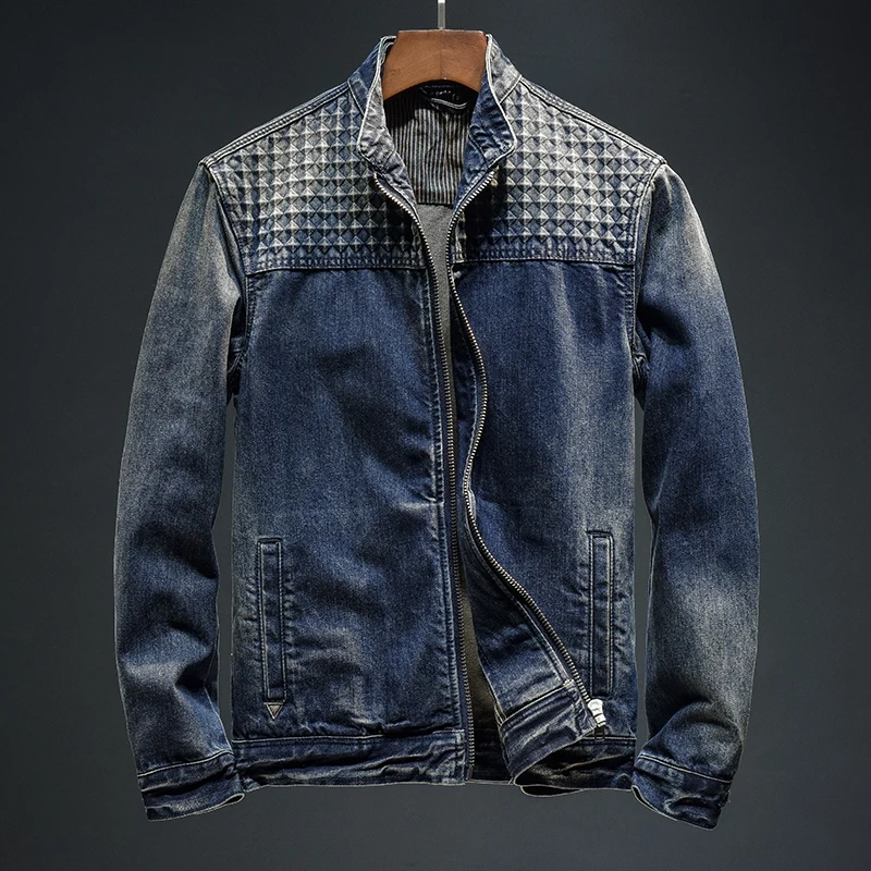 Mantel denim kerah berdiri ritsleting untuk pria 2024new jaket denim sepeda motor tampan retro modis musim gugur