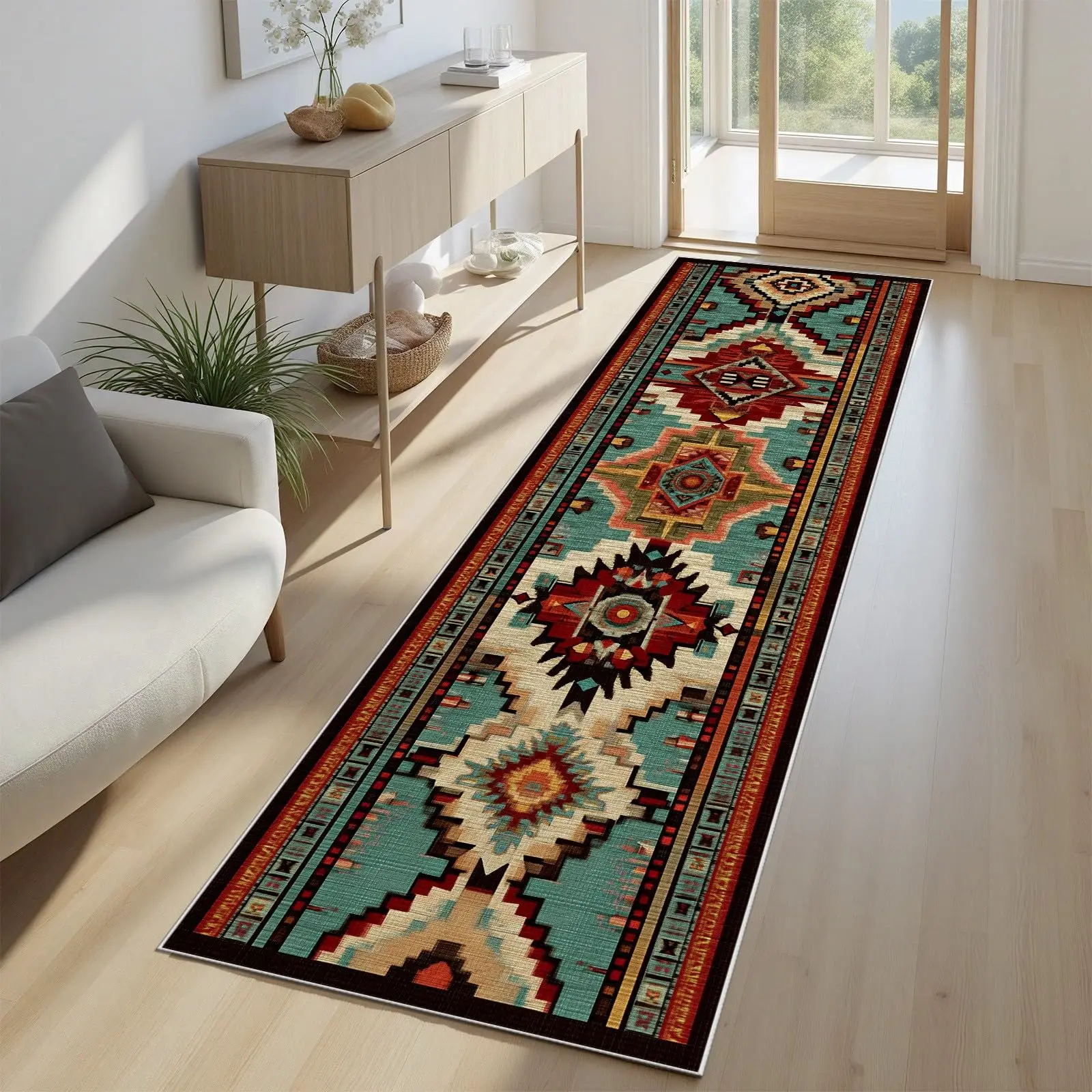 Southwestern Tribal Long Mat Aztec Geometric Area Carpet Teal Native Totem Runner Hallway Kitchen Corridor Floor Rug