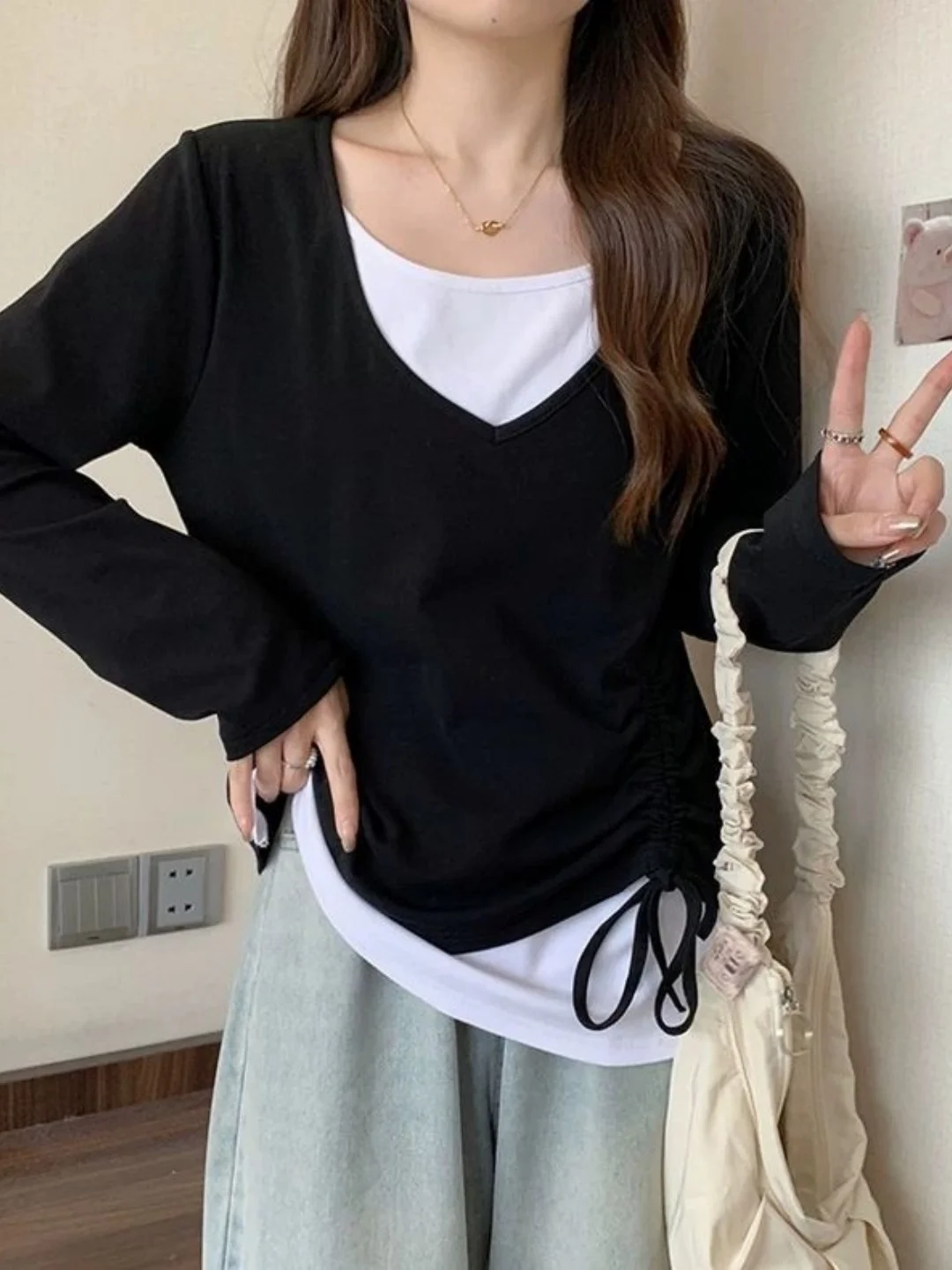 Loose Long Sleeve T-Shirt Women's plus Size Korean Style Patchwork Drawstring Design Casual Casual plus Size Top for Girls