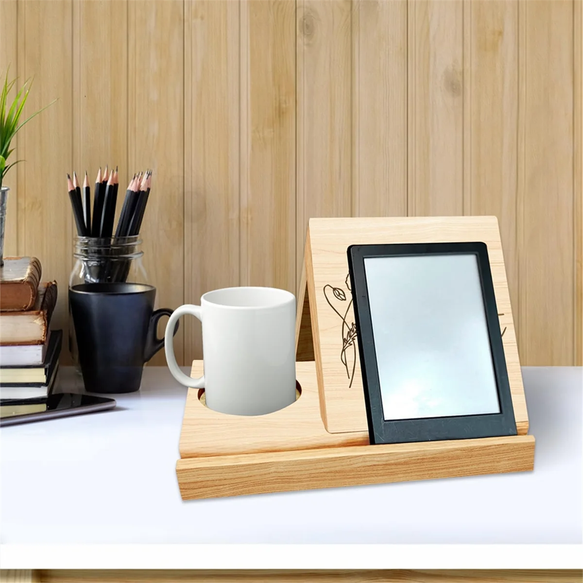 Personalized Wooden Triangle Book Stand with Coffee Cup Mug Holder,Custom Birth Flower Book Page Holder,With Words