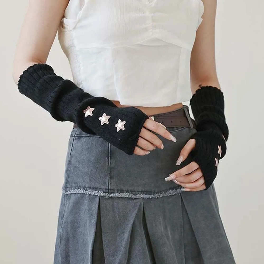 Elastic Knitted Fingerless Sleeves Solid Color Gothic Y2K Star Arm Cover Breathable Half Palm Warmer Long Cuff Autumn