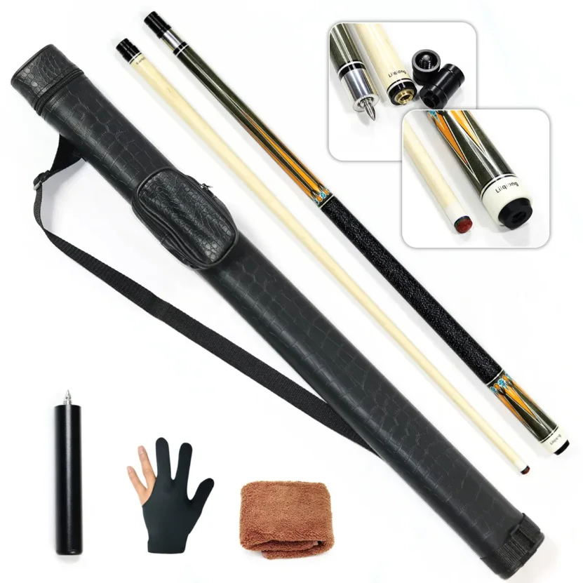 High-End Hand-made 2-pieces 58'' Canadian Maple Wood Nylon Hand Grip Pool Cue With Extension,Cue case,Random Colors Glove,Towel