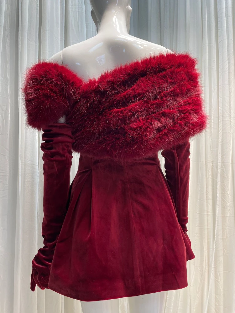 New Year Party Red Velvet Dress Women\'s 2023 Autumn Winter New Diamond Shoulder Detachable Fur Collar Christmas Dating Clothing