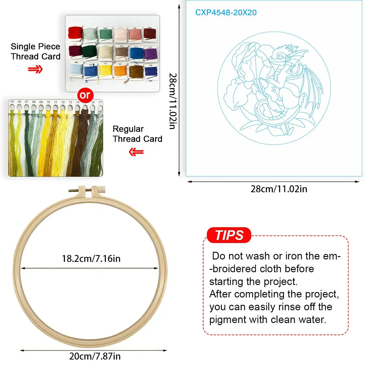 1 Stück 20X20CM/15X15CM 7,87/6,3 Zoll Drachen-Stickerei-Starter-Kit DIY-Kit DIY-Stickerei-Set für Anfänger – Detail 5