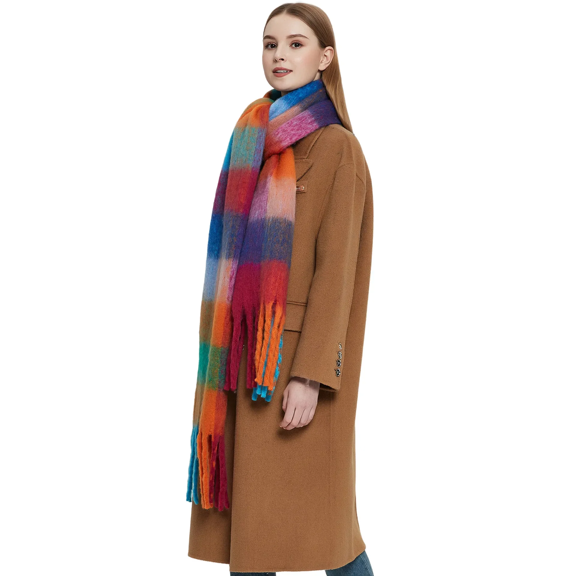 Autumn and Winter Thickened Women\'s Shawl Imitation Mohair Colorful Plaid Scarf with Tassels Soft European Style Scarf