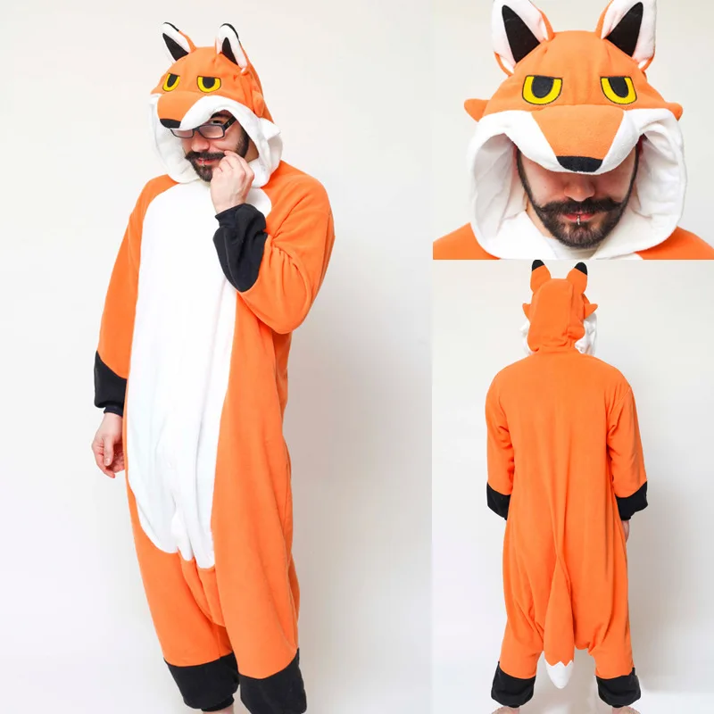 

Animal Fox Kigurumis Flannel Adult Women Men Warm Cute Funny Fox Onesie Pajamas Winter Party Jumpsuit Cartoon Sleepwear